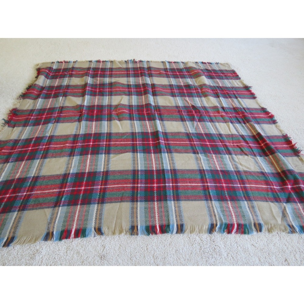 Red Beige Plaid Striped Fringe Scarf Pashmina Large Square 48"